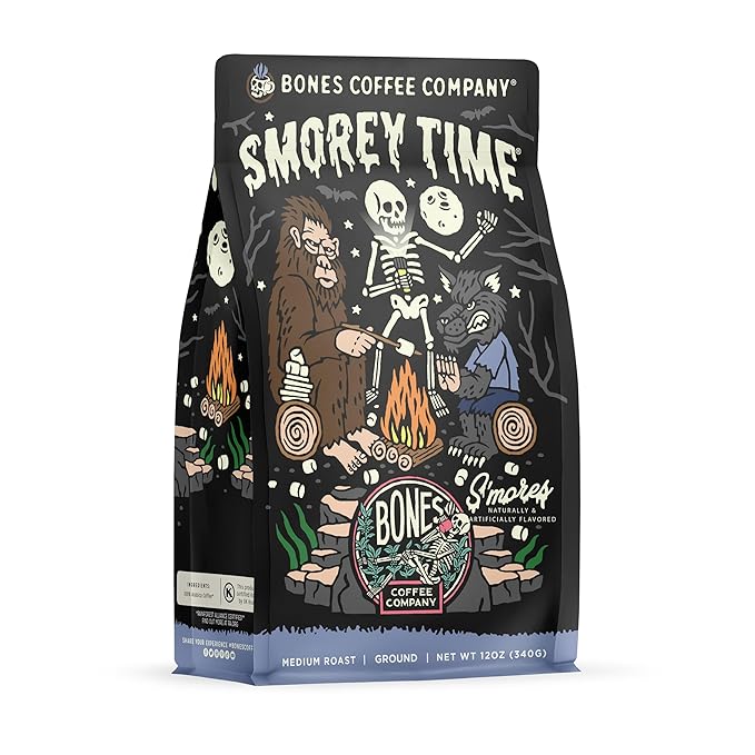 Bones Coffee Company S'morey Time, S'mores and Graham Crackers Flavored Coffee, Medium Roast Low