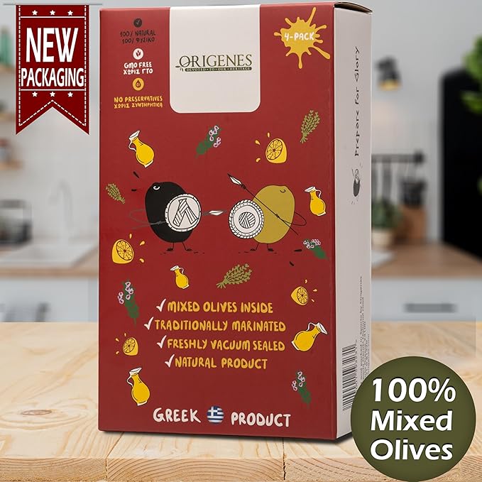 Pack of 4 Mixed Olives in Vacuum, Black Kalamon Olives mixed with Green Olives Marinated in Lemon