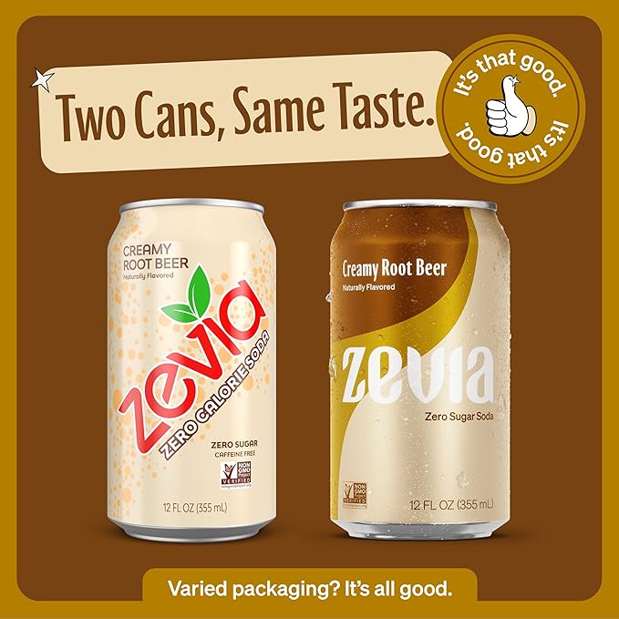 Zevia Zero Sugar Soda, Creamy Root Beer, 12 oz Cans (8-Pack) ??Naturally Sweetened, Non-GMO Project