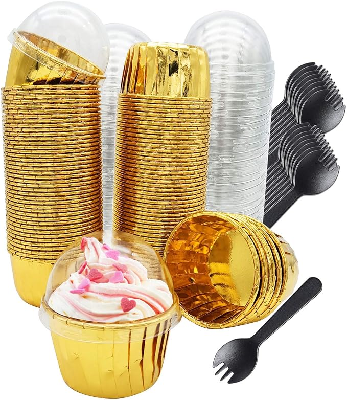 Gold Cupcake Liners with Lids 100Pack,Free-Air 3.5Oz Mini Muffin Liners Cupcake Wrappers,Foil