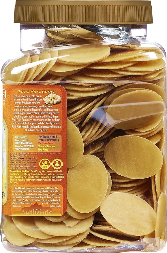 Rani Pani Puri Coins (Uncooked, Microwaveable Wheat Semolina Coins) 32oz (2lbs) 908g w/Pani Puri
