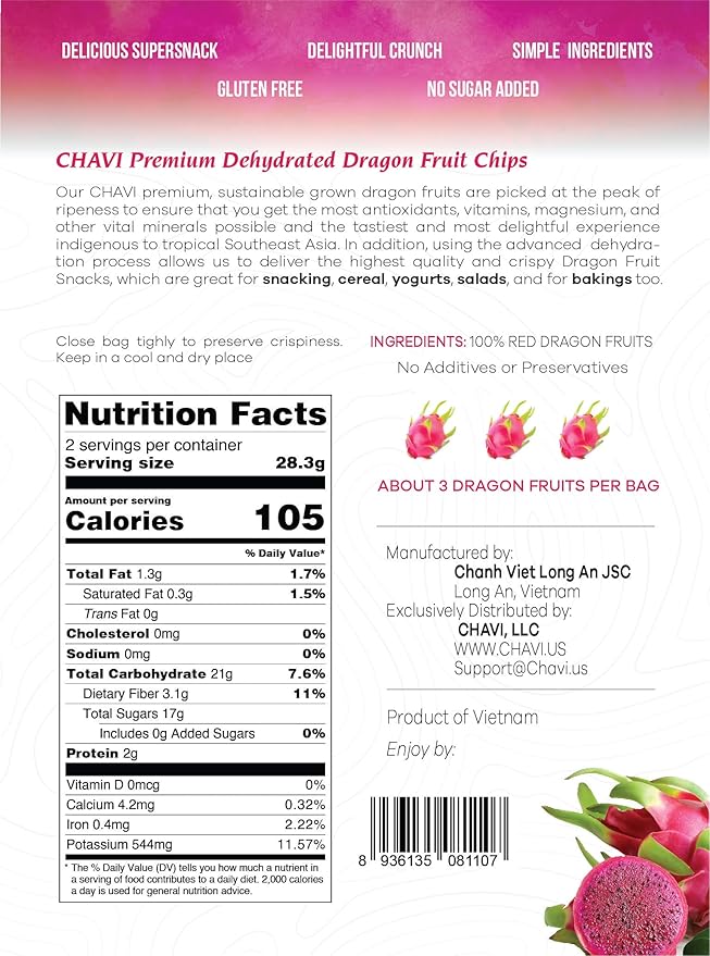 CHAVI Dragon Fruit Chips - Pack of 3 x 2 Oz - Healthy 1 Ingredient Superfood Snack - No Added