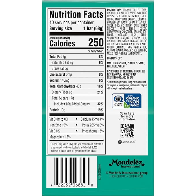 CLIF BAR - Cool Mint Chocolate with Caffeine - Made with Organic Oats - Energy Bars - Non-GMO