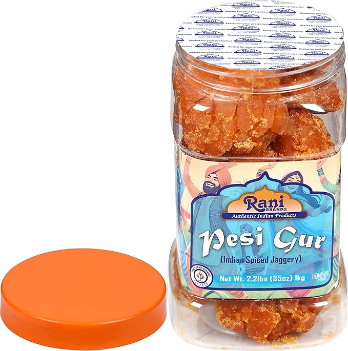 Rani Pesi Gur (Jaggery) Indian Unrefined Raw Cane Sugar 35oz (2.2lbs) 1kg PET Jar ~ Gluten Friendly
