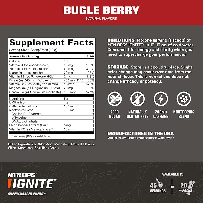 MTN OPS Ignite Energy Drink Powder, Gluten Free Nootropic Supplement Drink Mix, L Arginine, L