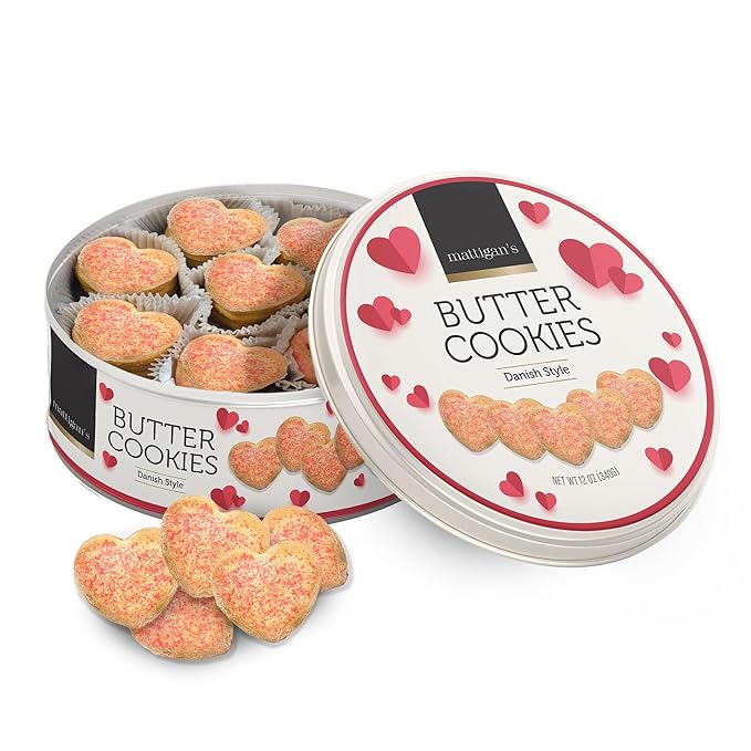 Mattigan's Pink Heart Butter Cookies Danish Style Cookie, 12 Oz Tin, Gourmet Gifts, Holidays