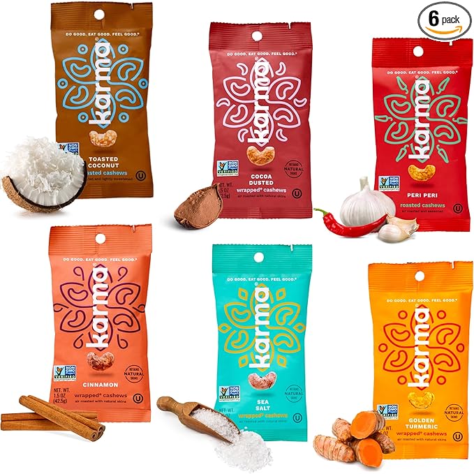 Karma Nuts Flavored Cashews Variety Pack (1.5 oz, Pack of 6) ??Whole Roasted Cashews, Healthy