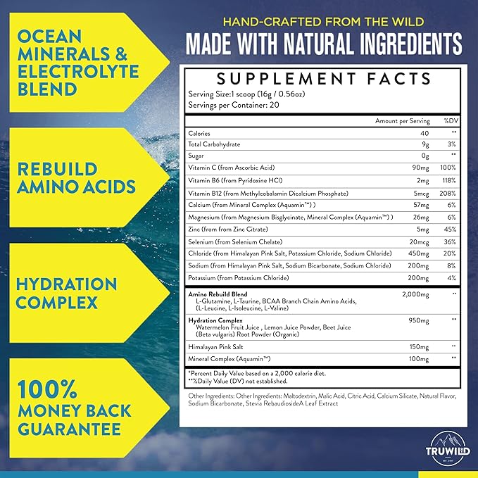 TruWild Natural Hydration Powder with Zero Sugar, Vegan Electrolytes + Amino Acids, Recovery Drink