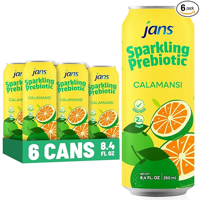 Jans Sparkling Prebiotic Soda Beverage ??Calamansi 8.4 Fl Oz (6-Pack) ??Low Calorie, NO Added