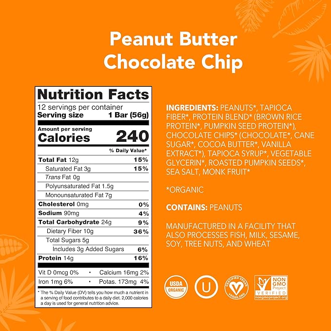 ALOHA Organic Plant Based Protein Bars |Peanut Butter Chocolate Chip | 1.98 Oz (Pack of 12) |