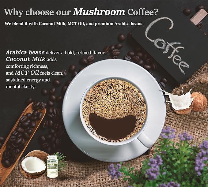 DLNIA Organic Mushroom Coffee with 12 Adaptogenic Mushrooms, Arabica Beans, Coconut Milk & MCT Oil