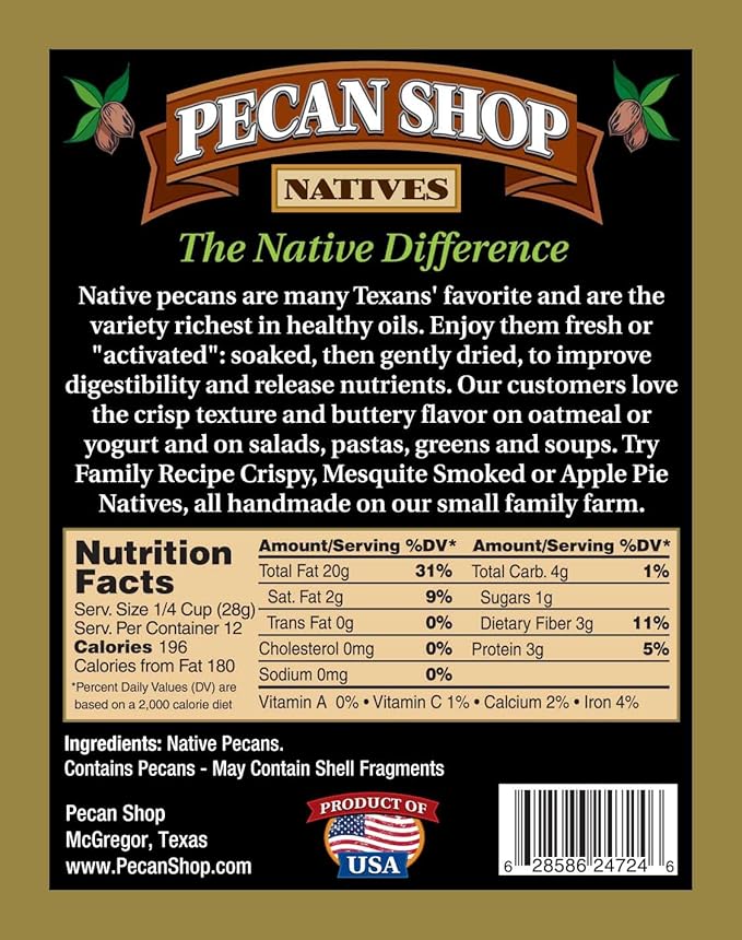Pecan Shop Raw Unpasteurized Shelled Texas Native Pecans, Wild-Harvested and Tested Pesticide-Free