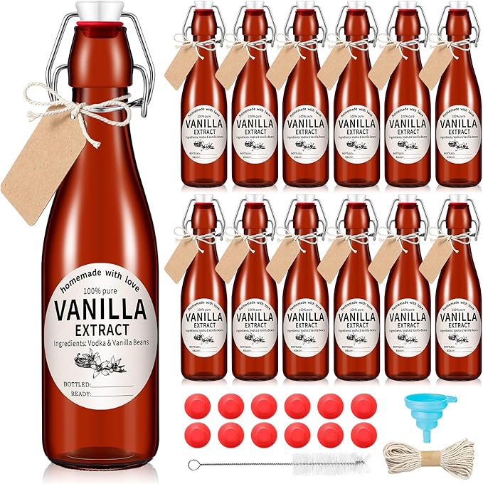 Vesici 12 Sets Swing Top Glass Bottles Set Amber Homemade Vanilla Extract Bottles with Stoppers