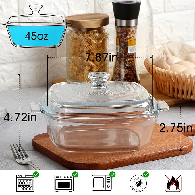 NUTRIUPS Small Square Casserole Dish with Lid Oven Safe Covered Glass Casserole Dish 7.8 Inches