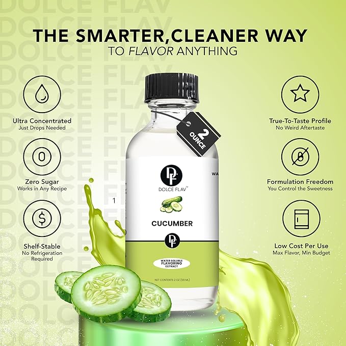 Dolce Flav Natural Cucumber Extract, Water Soluble ??2 oz | Authentic Cucumber Flavoring for