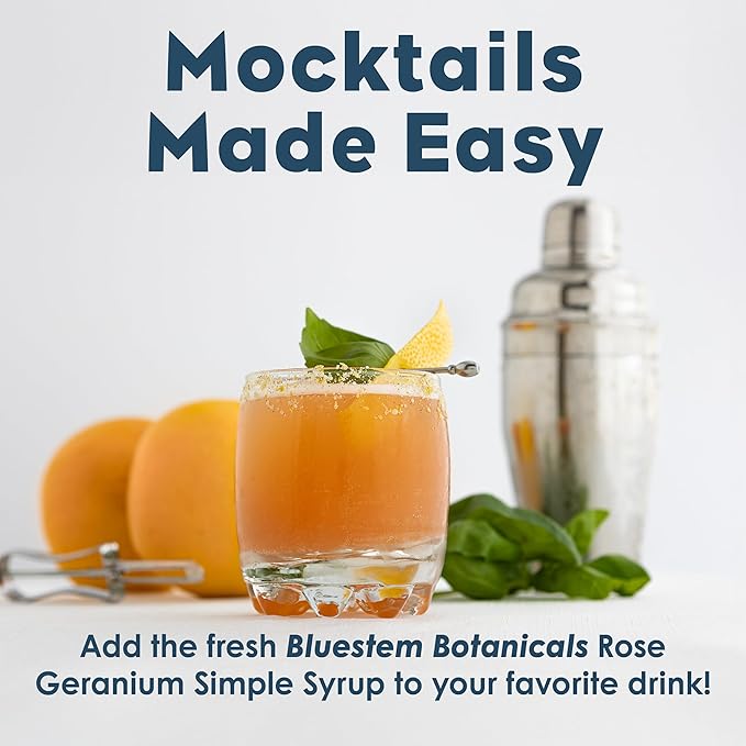 Bluestem Botanicals Organic Rose Geranium Simple Syrup, 8 oz, Cocktail and Mocktail Mixer for