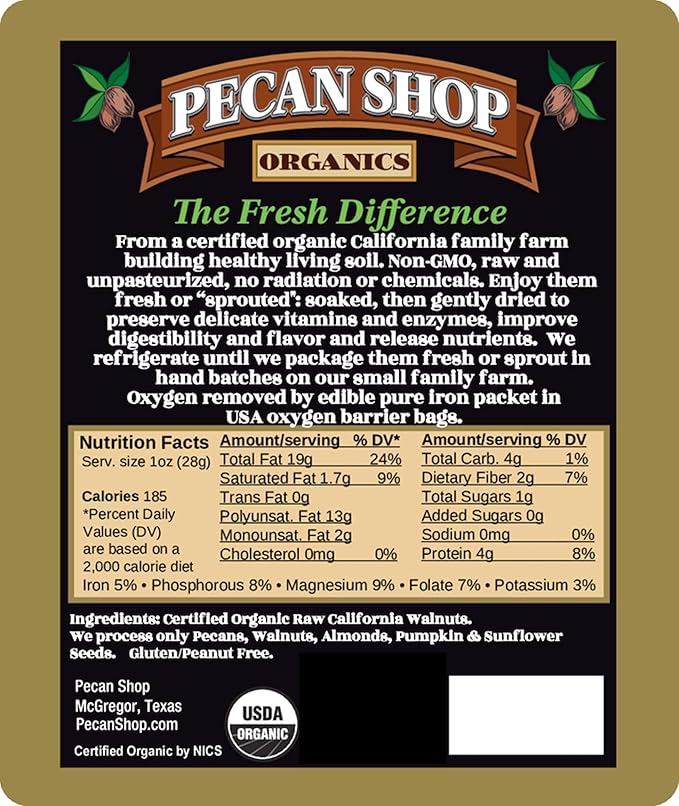 Pecan Shop Sprouted Organic Raw California Walnuts, High halves Count, Unsalted, 2 Pound