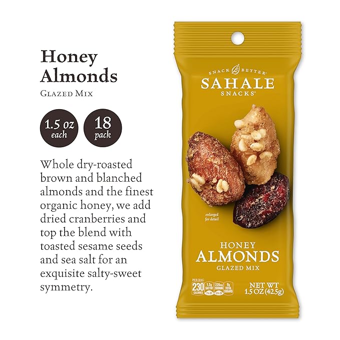 Sahale Snacks Honey Almonds Glazed Mix, 1.5 oz Grab & Go Bags (18 Packs) - Dry-Roasted Deluxe Mixed