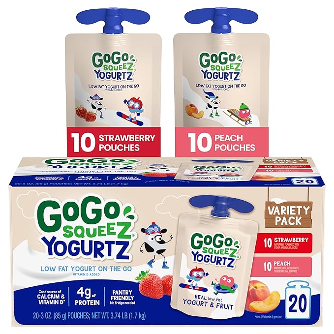 GoGo squeeZ YogurtZ Variety Pack, Strawberry & Peach, 3 oz (Pack of 20), Kids Snacks Made with Real