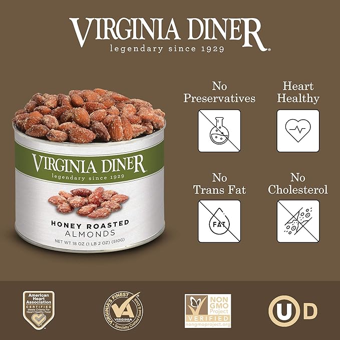 Virginia Diner Premium Natural Honey Roasted Almonds, Sweet & Salty Gourmet Snack in Gift Tin 1.12