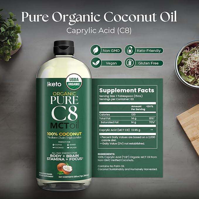 Keppi Keto Organic MCT Oil - Flavorless C8, Non-GMO, Certified Gluten-Free, Palm Oil Free, Vegan