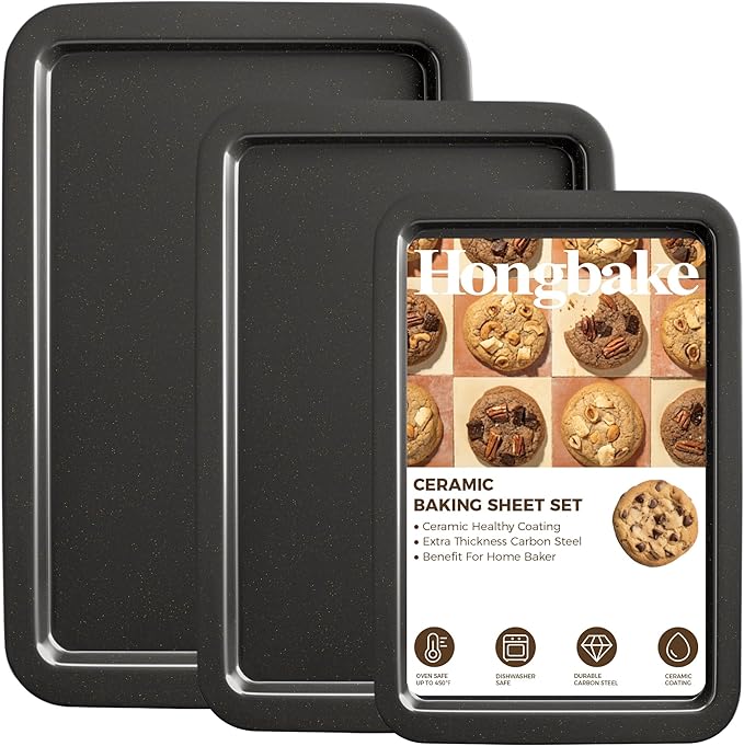 HONGBAKE Ceramic Baking Sheet Pan Set, Cookie Sheet for Oven, Bakeware Sets with Wider Grips, 3