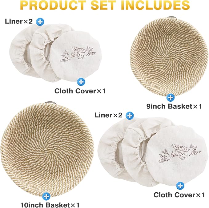 Banneton Bread Proofing Basket Set of 2, 9 Inch & 10 Inch Round Cotton Rope Sourdough Bread Baking