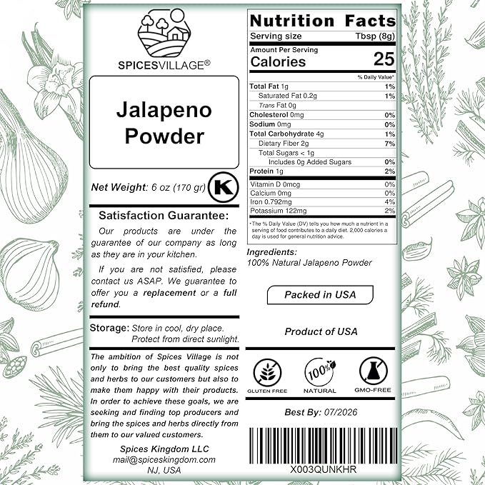SPICES VILLAGE Jalapeno Powder [6 oz] - Ground Jalepeno Pepper, Natural Spicy and Flavorful