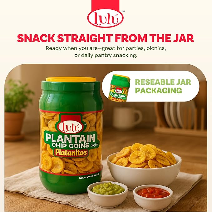 LULU Plantain Chip Coins ??Original Flavor, 20 oz Jar ??Crunchy Plantain Slices ??No Artificial