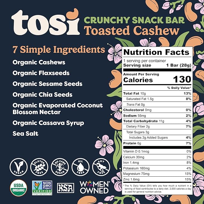 Tosi Cashew Protein Bars, Plant Based with Nuts, Gluten-Free Crunchy Snacks, Vegan, Organic, Flax &