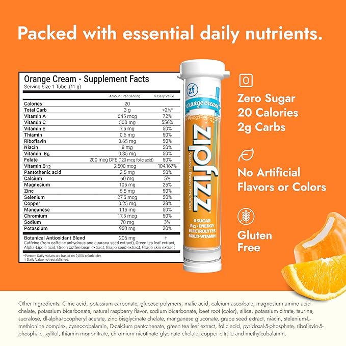 Zipfizz Daily Energy Drink Powder, Orange Cream, 20 Pack | 3-in-1 Sustained Energy, Rapid