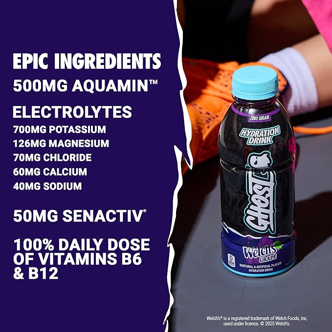 GHOST Hydration Drink, Welch’s Grape - RTD Sports Drink with Electrolytes, Natural Vitamins &