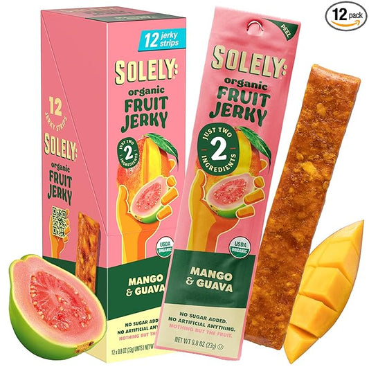 SOLELY - Organic Mango Guava Fruit Jerky - 12 Individually Wrapped Strips (12-Pack) - Fruit Leather