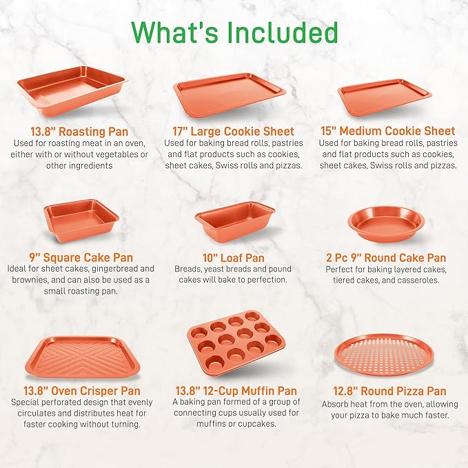 NutriChef 10-Piece Kitchen Oven Baking Pans - Deluxe Carbon Steel Bakeware Set with Stylish