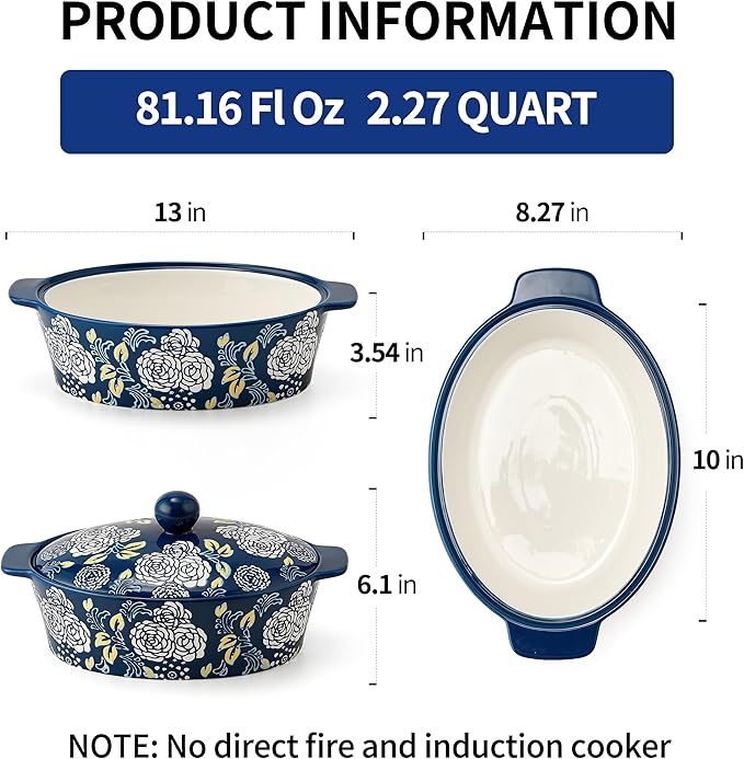 Ceramic Casserole Dish With Lid, Casserole Dishes for Oven, Baking Dish Lasagna Pans For Cooking