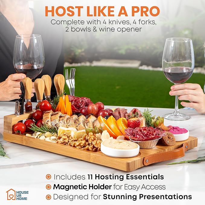 Bamboo Charcuterie Boards Gift Set with Leather Handles, Knife Set, Wine Opener, Ceramic Bowls &