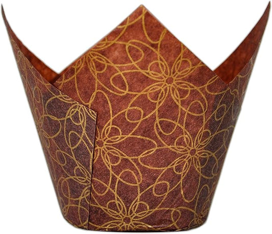 (JUMBO Large size) Brown Golden pattern Tulip Baking Cups 2-1/4"(Base diameter) x 3-3/4"(Wall