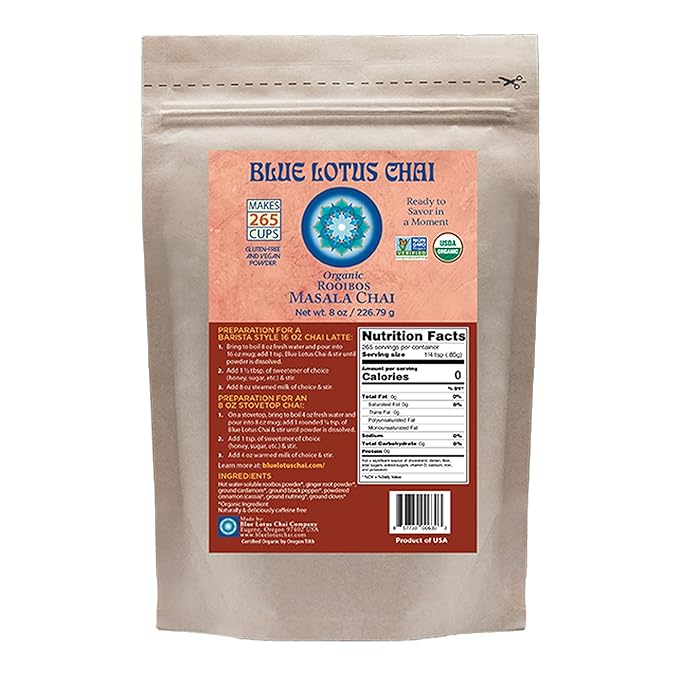 Blue Lotus Chai ??Organic Rooibos Masala Chai - Makes 265 Cups ??Caffeine-Free, No Steeping, No