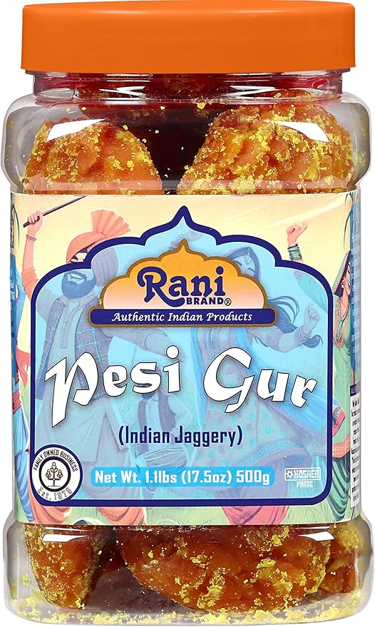 Rani Pesi Gur (Jaggery) Indian Unrefined Raw Cane Sugar 17.5oz (1.1lbs) 500g PET Jar ~ Gluten