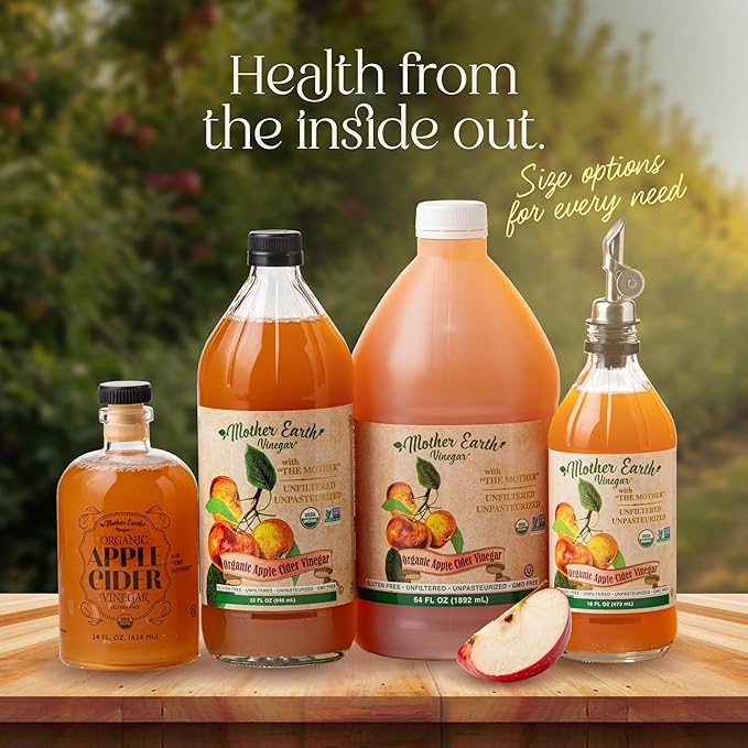 Mother Earth, Organic Apple Cider Vinegar with The Mother, Half Gallon, Fresh Pressed Organic