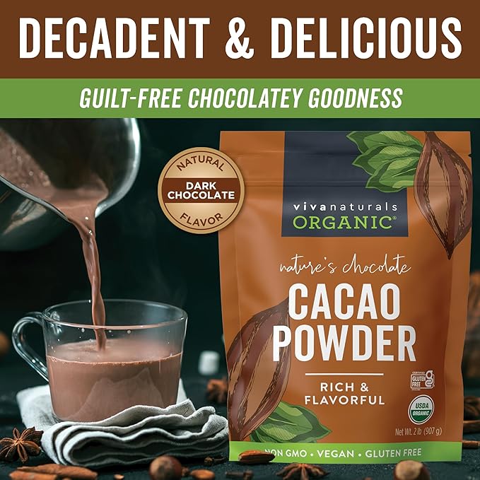 Viva Naturals Organic Cacao Powder, 2lb - Unsweetened Cocoa Powder With Rich Dark Chocolate Flavor