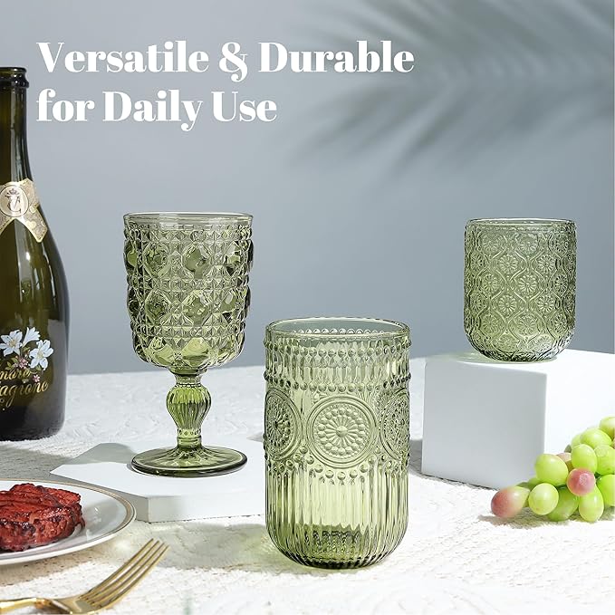 Joeyan Vintage Green Drinking Glasses Set of 4,14 oz Embossed Sunflower Beaded Highball Glass Water