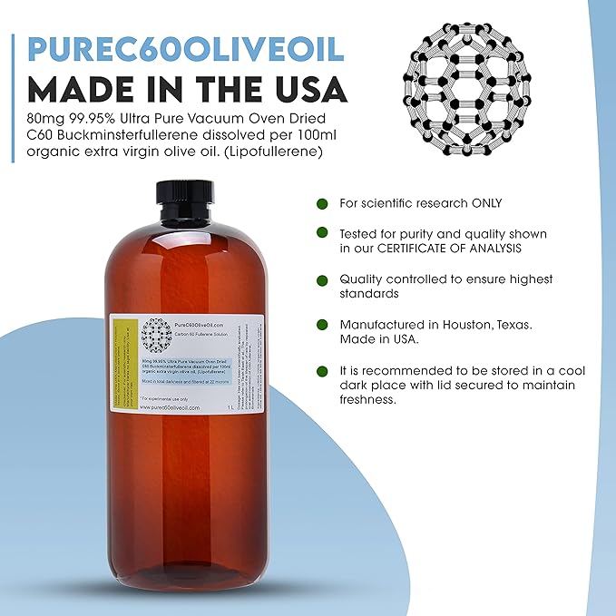 PureC60OliveOil C60 Organic Olive Oil 1L / 33.8 Fl Oz - 99.95% Carbon 60 Solvent Free 800mg - Food