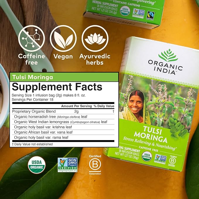 ORGANIC INDIA Tulsi Moringa Tea Bags- Holy Basil, Lemongrass, Moringa Leaves, Calming Immune