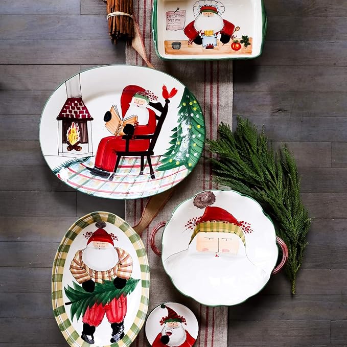 Vietri Old St. Nick Rectangular Baker with Chef, 14"L Christmas Oven Baking Dish Earthenware