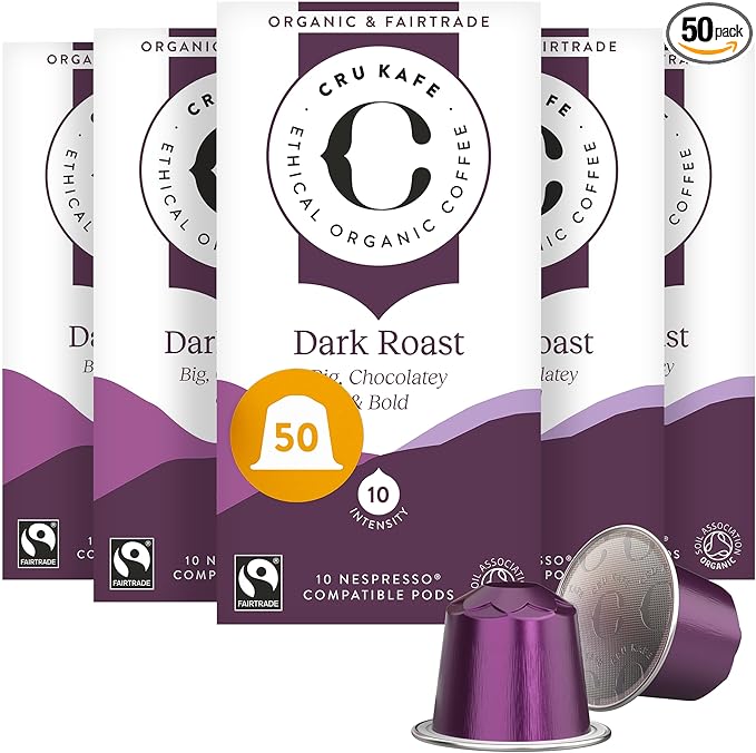 Cru Kafe Dark Roast USDA Organic Espresso Coffee Capsules (50 Pods) Fairtrade Coffee Pods