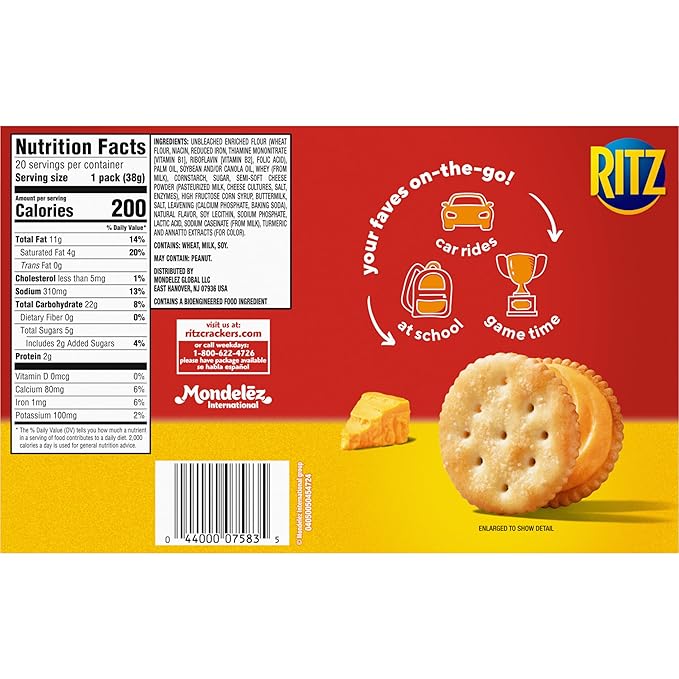 RITZ Cheese Sandwich Crackers, Lunch Snacks, 20 Snack Packs (6 Crackers Per Pack)