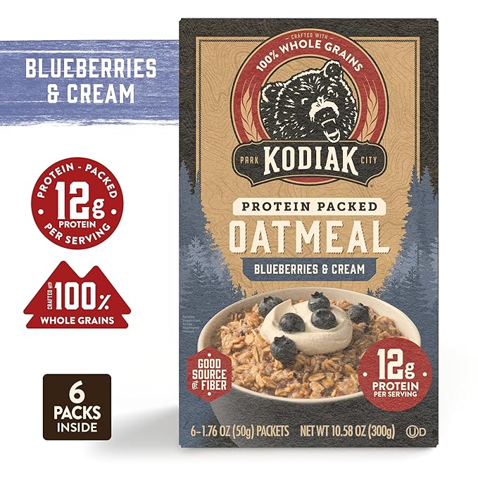 Kodiak Instant Oatmeal Packets, Blueberries & Cream, High Protein, 100% Whole Grains, 6 boxes with