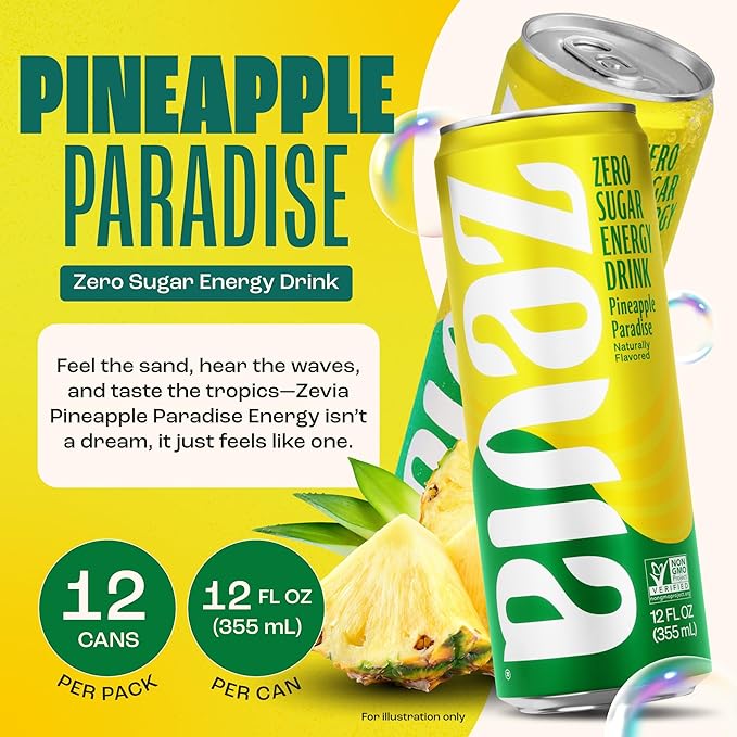 Zevia Zero Sugar Energy Drink, Pineapple Paradise, 12 oz Cans (12-Pack) – Naturally Sweetened