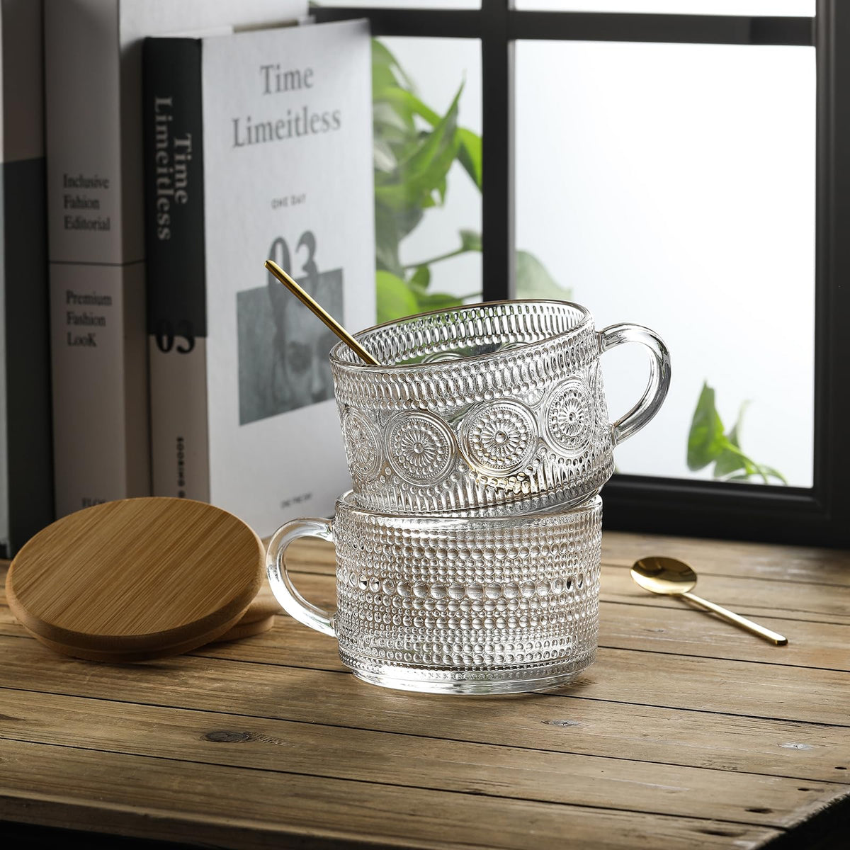 LANDNEOO 4pcs Set Vintage Coffee Mugs gifts for women, Overnight Oats Containers with Bamboo Lids
